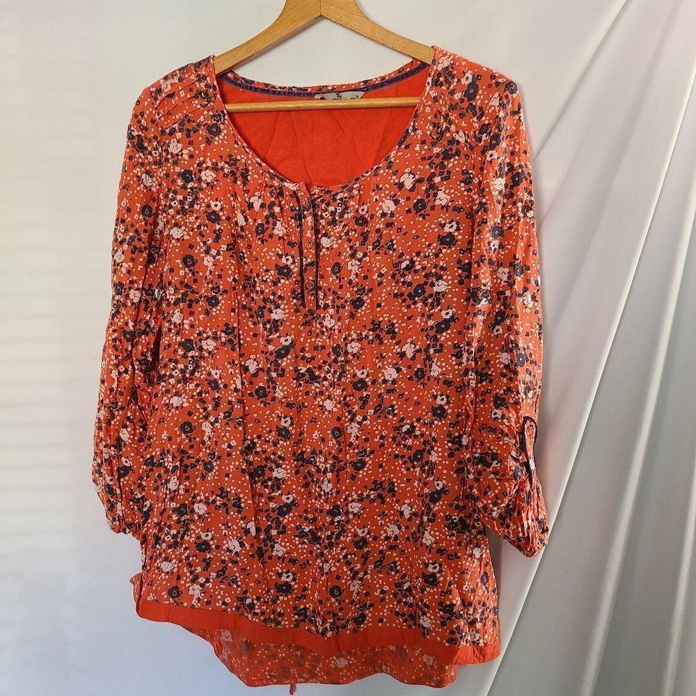 TU Floral Tangerine Orange‎ 3/4 Length Sleeve Blouse  sz 14